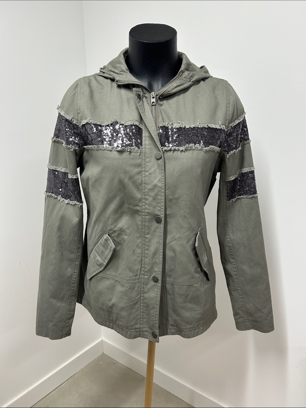 CoffeeShop Olive Utility Jacket with Black Sequin Accents